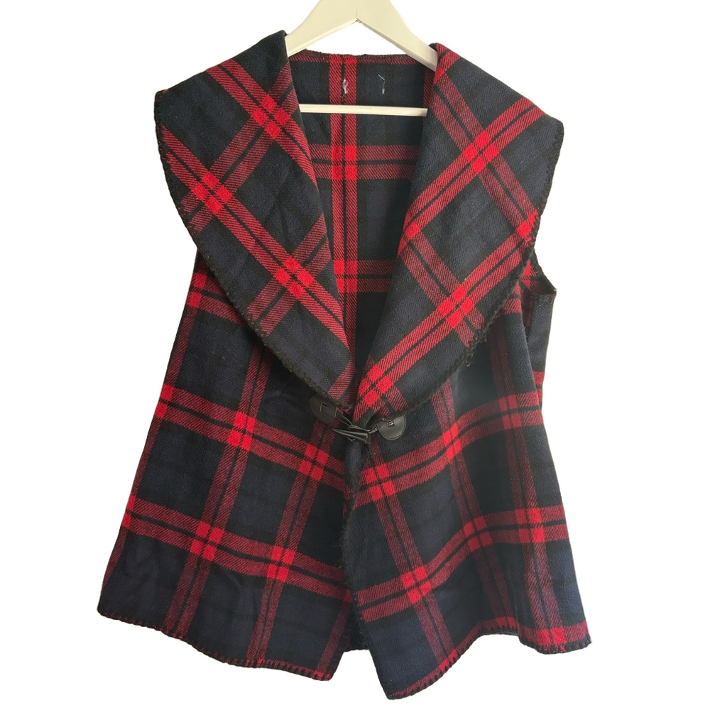 Mud Pie Plaid Sweater Vest Women’s Large Red Black Navy Open Front Layering Vest